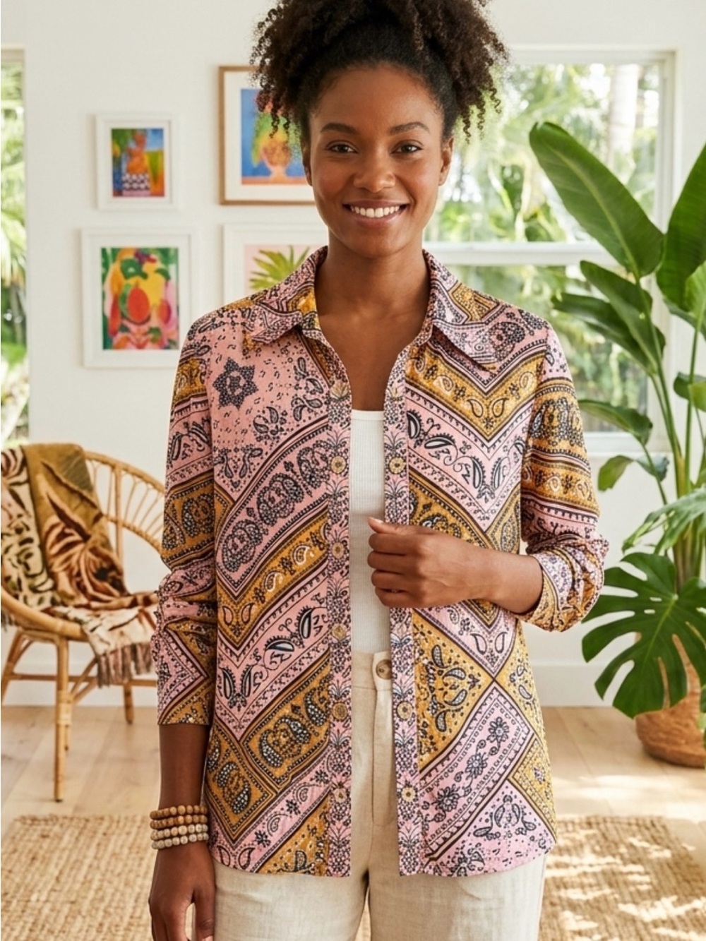 Farm Rio for Anthropologie Pink and Gold Paisley Button-Down Shirt NWOT.